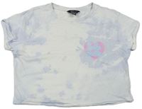 Bielo-svetlomodré batikované crop tričko so srdiečkom s nápismi New Look