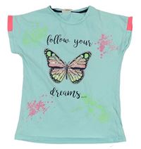 Mátovo-kriklavoě korálové tričko s 3D motýlkom s flitrami a barevnými skvrnkami File