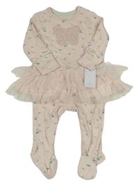 Svetloružový overal s motýlikmi a kvietkami a tylovymi volániky Mothercare