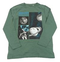 Khaki melírované tričko s planetami a kosmonautem beatwear