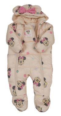 Světlerůžová prošívaná šusťáková zimní kombinéza s Minnie a květy a kapucí PRIMARK
