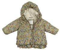 Smetanovo-farebná kvietkovana prešívaná šušťáková zimná bunda s volánikom a kapucňou zn. Next