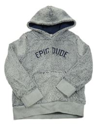 Světlešedo-tmavomodrá chlupatá mikina s nápisem a kapsou a kapucí C&A