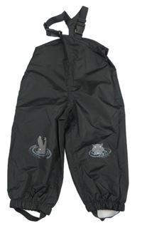 Tmavošedé šusťákové nepromokavé laclové podšité kalhoty s hrošíky impidimpi