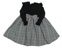 Sivo-bielo-čierne kockované vzorované rebrované šaty s mašlou a volánikmi