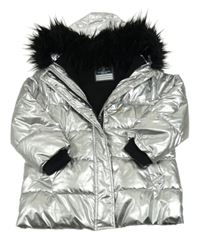 Stříbrno-černý prošívaný nepromokavý zimní kabát s kapucí s kožešinou George