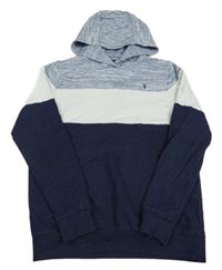 Tmavomodro-bílo-modrá melírovaná mikina s výšivkou a kapsou a kapucí Next