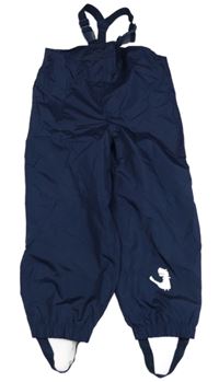 Tmavomodré šusťákové nepromokavé laclové kalhoty s dinosaurem POCOPIANO