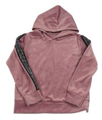 Staroružová plyšová mikina s pruhom s kamienkami a kapucňou