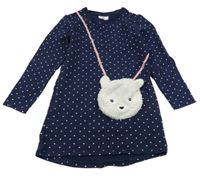 Tmavomodré teplákové šaty so srdiečkami a medvídkem/kabelkou Topolino