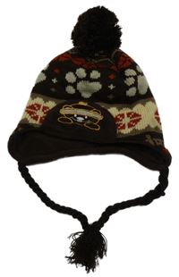 Tmavohnědo-hnedo-svetlobéžová pletená čapica s medvedíkom a tlapkami a brmbolcom