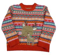 Červeno-jadeitovo-ružovo-tmavomodrý vzorovaný sveter so sobom St. Bernard