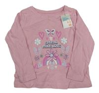 Nové - růžové triko s nápisy a květy a srdíčky a motýlky PRIMARK