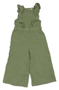 Khaki mačkaný kalhotový culottes overal s volánky Sfera