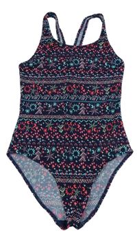 Tmavomodré vzorované jednodielne plavky s mesiacmi a sluníčky a hviezdičkami