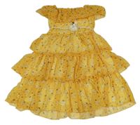 Tmavožluté vrstvené šifonové šat s kytičkami a volánky