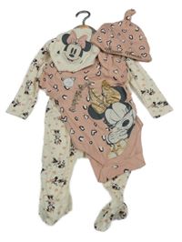 Nové - 4Set - Smotanový overal s Minnie a srdiečkami a šátek s 3D Minnie + staroružové vzorované body a čapica PRIMARK