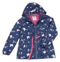 Tmavomodrá šusťáková jarní parka s motýlky a kytičkami a kapucí Kids