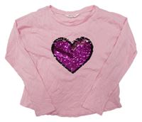 Růžové oversize triko se srdíčkem z překlápěcích flitrů H&M