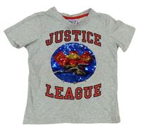Světlešedé melírované tričko Liga Spravedlnosti s překlápěcími flitre