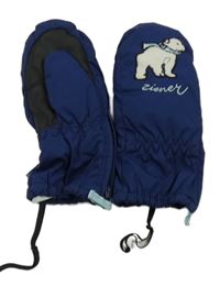 Tmavomodré šusťákové zimní palcové rukavice s medvědem
