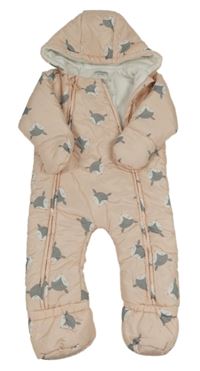 Ružová šušťáková zimná kombinéza s liškami a kapucňou Vertbaudet