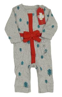 Nové - Šedý melírovaný puntíkatý overal se stromky a mašlí M&S