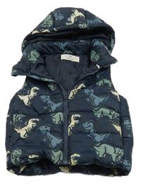 Tmavomodrá šusťáková zateplená vesta s dinosaury a kapucí H&M