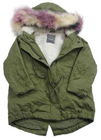 Khaki zateplená šušťáková bunda s barevným chlupem na kapuci Next