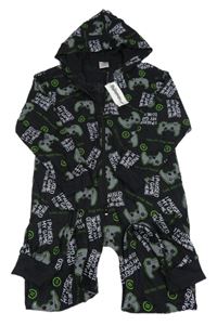 Nové - čierno-sivý bavlnený pyžamový overal s ovladači a kapucňou