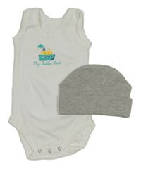 2 set - bílé body s plachetnicí + šedá melírovaná čepice 