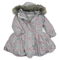 Šedo-červený kostkovaný šusťákový zimní kabát s mašlemi a kapucí 