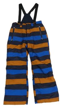 Modro-hnědé pruhované šusťákové funkční oteplovačky s kšandami Topolino