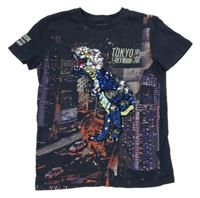 Tmavomodré tričko s dinem z flitrů Next