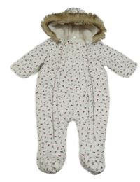 Biela vzorovaná šušťáková zimná kvetovaná kombinéza s kapucňou F&F