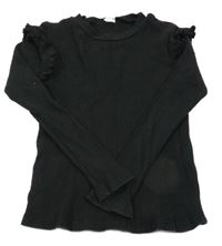 Čierne rebrované tričko s volánikmi SHEIN