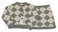 Nové - 2 set - smetanovo-šedý károvaný propínací svetr + sukně F&F