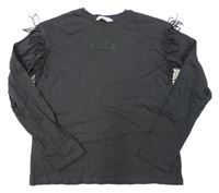 Tmavošedé triko s nápisem a třásněmi H&M