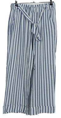 Dámske bielo-modré pruhované voľné é nohavice s opaskom