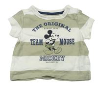 Kaki-biele pruhované tričko s Mickey Mousem a nápise zn. Disney