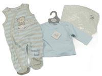 2set- modro-šedý pruhovaný overal s medvědem+ modré triko nursery time