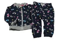 2set- tmavomodrá propínací mikina se srdíčky a duhami + tepláky