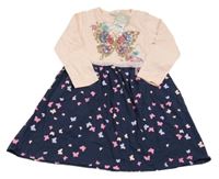 Nové - Růžovo-tmavomodré bavlněné šaty s motýlkem z flitrů