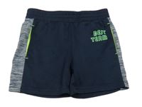 Tmavomodro-melírované športové kraťasy s nápisom Topolino