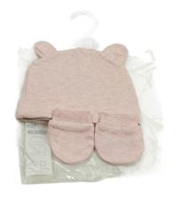 Nové - 2set - Růžová žíhaná čepička s oušky + rukavičky Primark