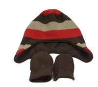 2set - Hnědo-červená pruhovaná fleecová čepice + rukavice Mothercare