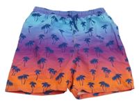 Modro-fialovo-oranžové plážové kraťasy s palmami