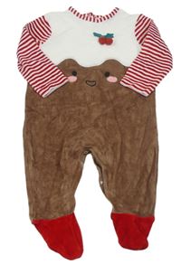 Hnedo-bielo-červený zamatový overal s ozdobou