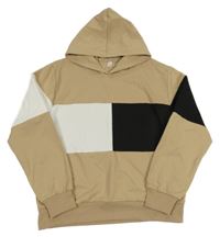 Béžovo-bielo-čierna mikina s kapucňou