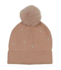 Světlerůžová čepice s perlami a bambulí